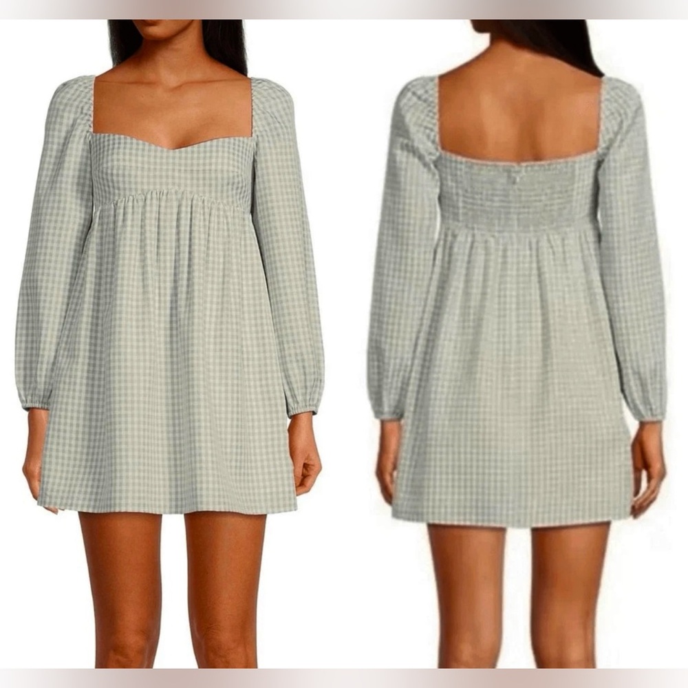GIANNI BINI Dress WMNS SZ 8 Mint Green/ White Mini Gingham Long Puffy Sleeve NWT